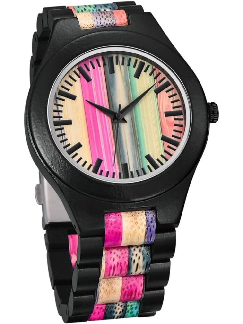 Men's Black&Multicolor Analog Handmade Colorful Bamboo Engraved Wooden Watch